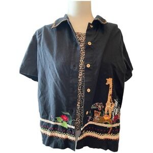 Vintage Lemon Grass black safari embroidered button up shirt w/ animal details